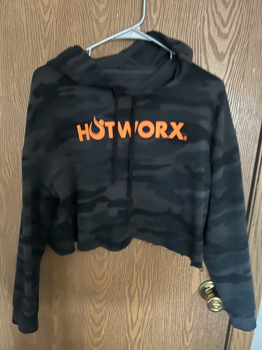 Hotworx Black Camo Cropped Hoodie with Orange Logo